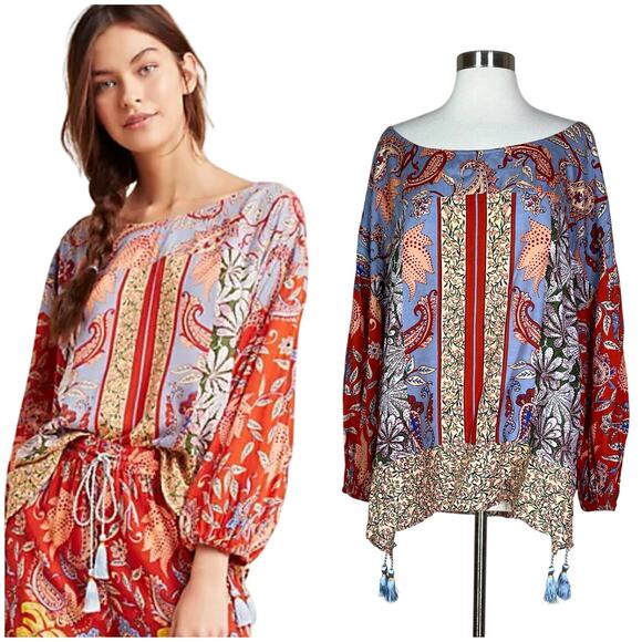Anthropologie | Sonrisa Paisley Floral Red Blue Tassel Balloon Sleeve Blouse Top - Picture 1 of 9